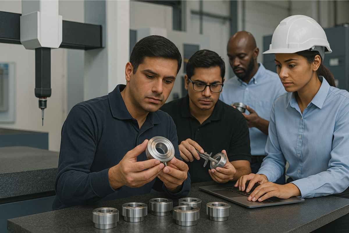 A factory environment showing engineers performing quality inspection on CNC-machined parts with CMM machine in the background