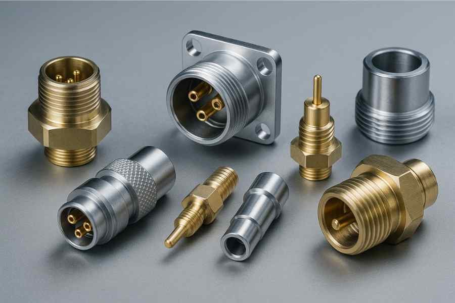 Brass and aluminum connector housings and pins displayed on metal surface.