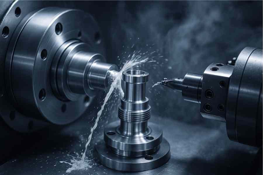 CNC turning machine fabricating valve body with coolant spray mid-action