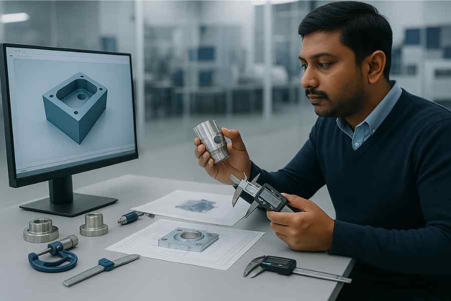 Engineer analyzing prototype part beside computer model in R&D lab.