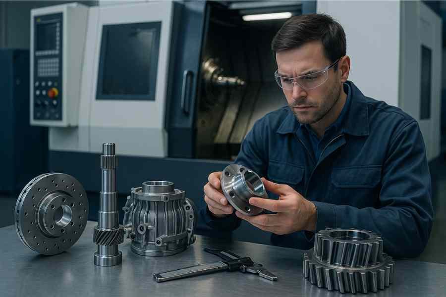 Engineer inspecting precision engine components beside CNC machine in clean workshop