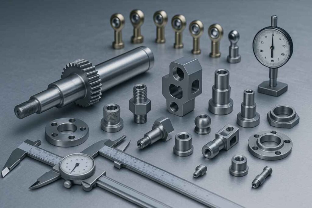Precision machined automotive and robotics components arranged on a metal table, calipers and gauges nearby
