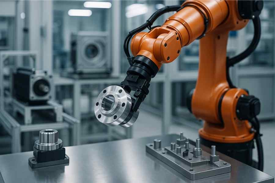 Robotic arm holding machined coupling inside modern automation facility