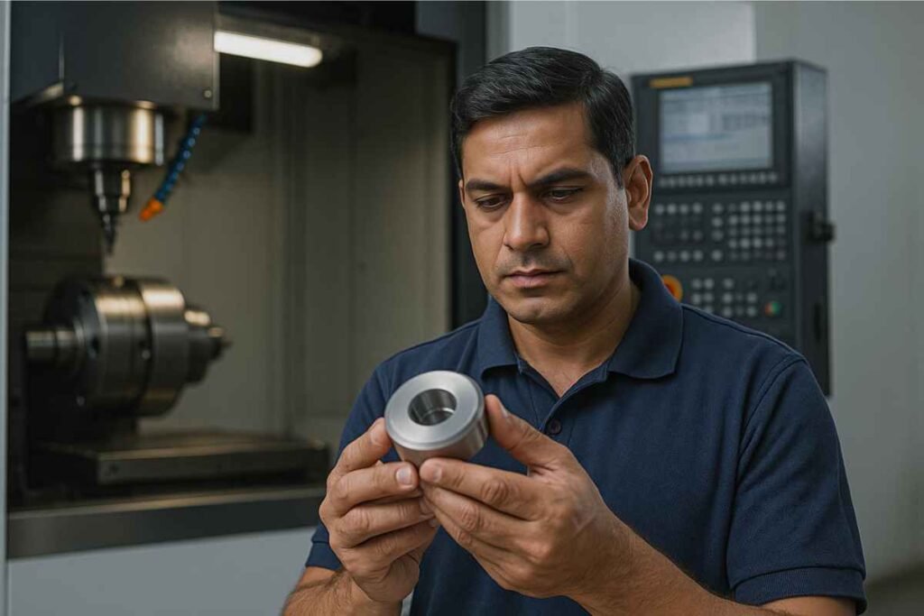 a CNC machinist inspecting a precision metal component