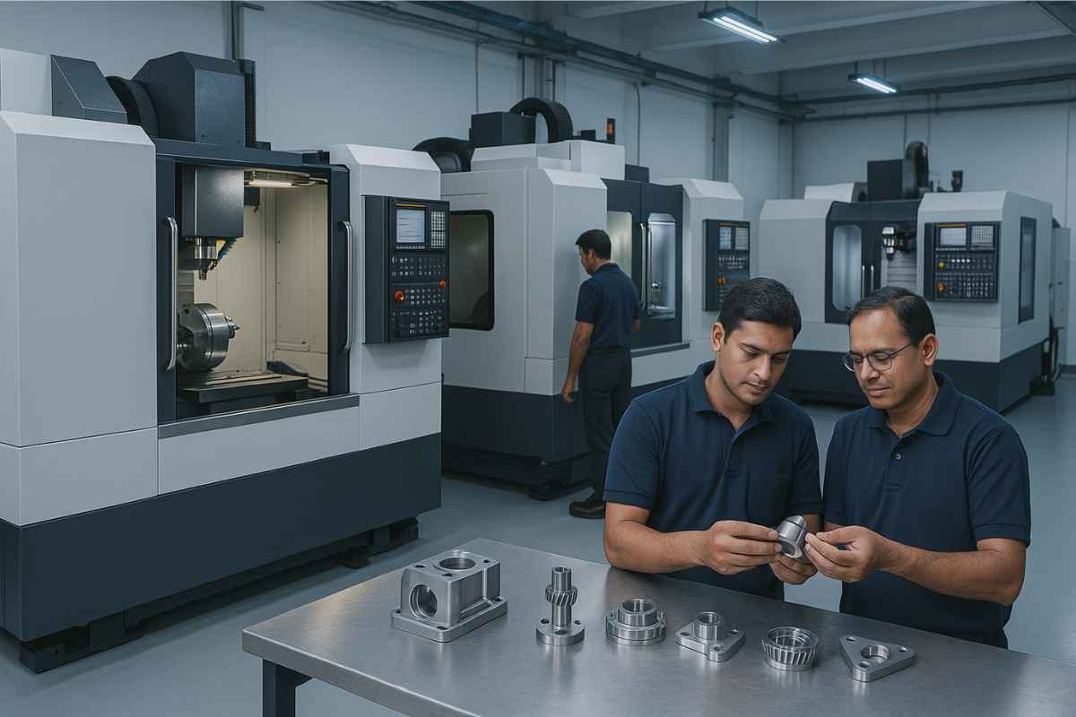 a modern CNC machining facility with CNC turning centers and VMCs operating, engineers inspecting precision metal components